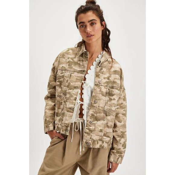 NWT We The Free Opal Swing Printed Denim Jacket - Military - Picture 1 of 4